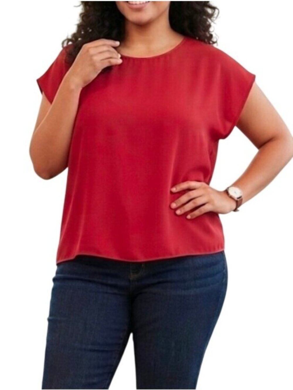 Halogen Red Short Sleeve Blouse Top Size XL Keyhole Back Polyester
